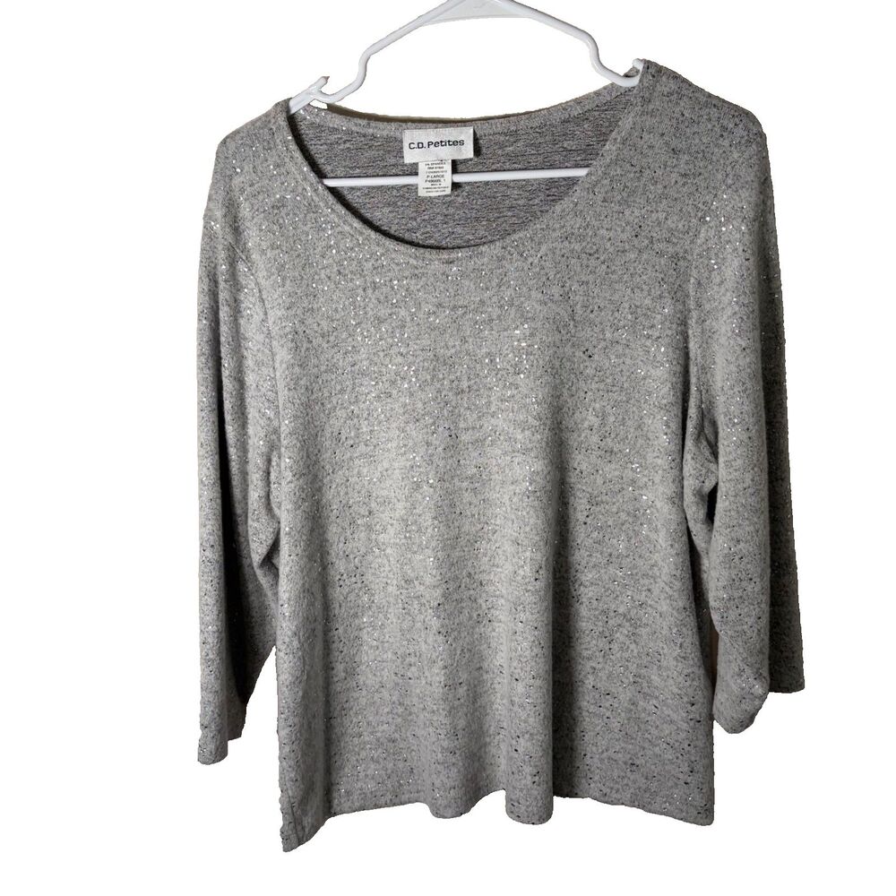CD T-Shirt Women's Petite Large Gray Sequin Plush Soft 3/4 Sleeve Shirt Top